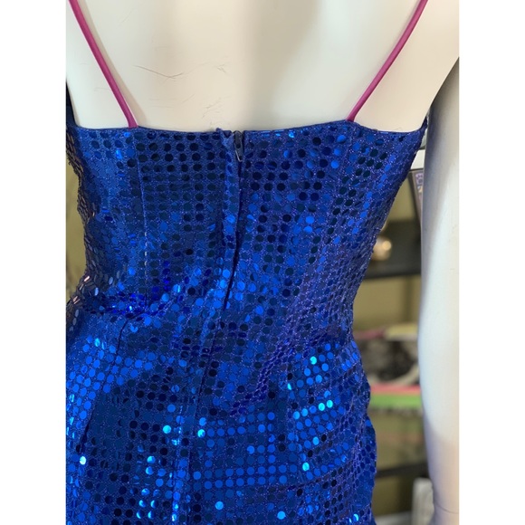 Long Cobalt Blue Sequin Dress Dramatic Slit - Picture 6 of 12
